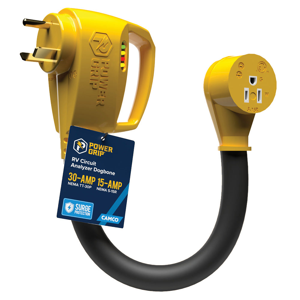 Camco Power Grip RV 12″ 30Amp Circuit Analyzer Dogbone – Integrated Surge Protection [55461]