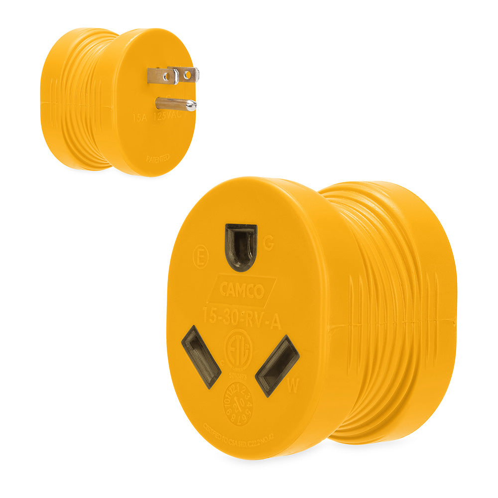 Camco Power Grip RV Adapter – 15Amp Male/30Amp Female [55223]