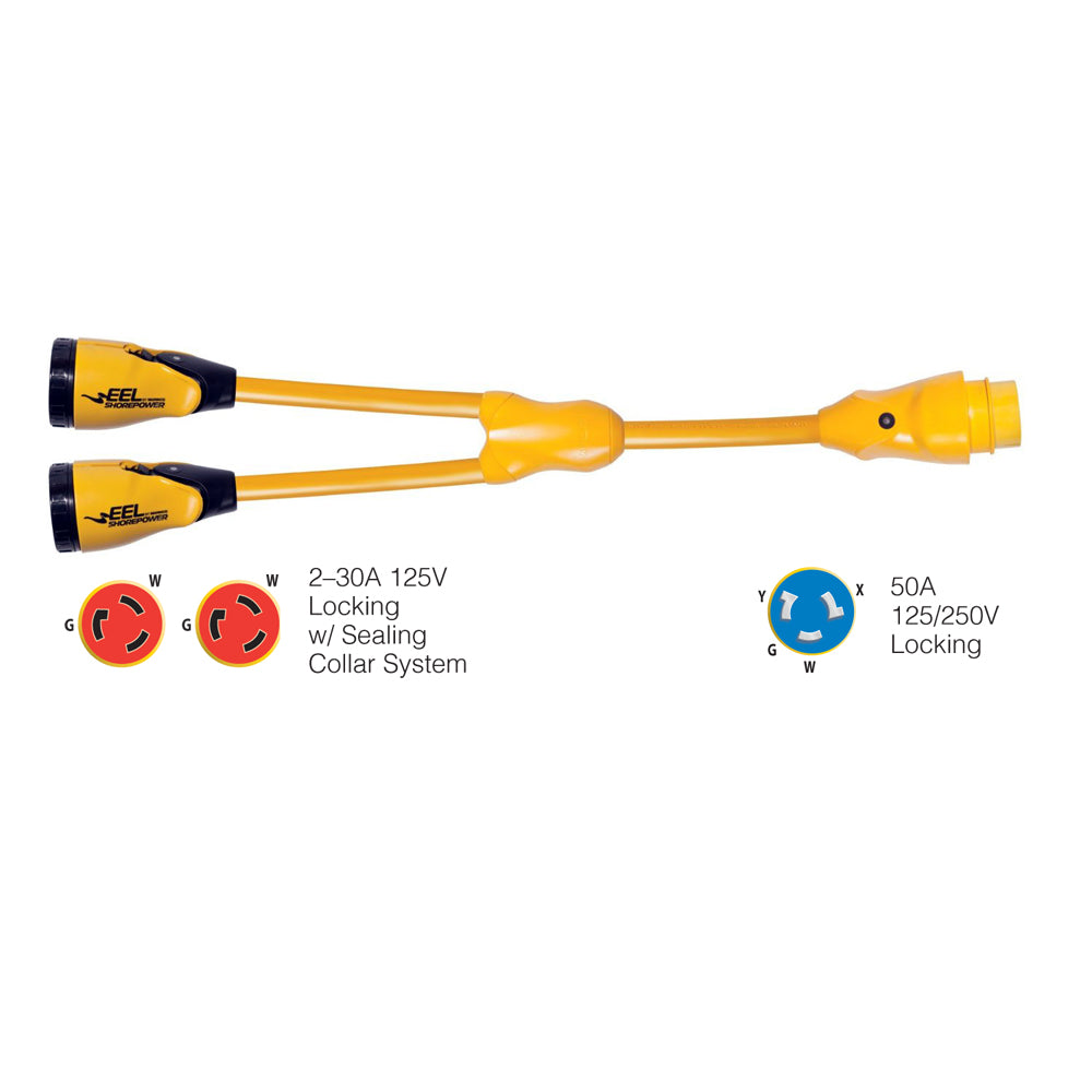 Marinco Y504-2-30 EEL (2)-30A-125V Female to (1)50A-125/250V Male “Y” Adapter – Yellow [Y504-2-30]