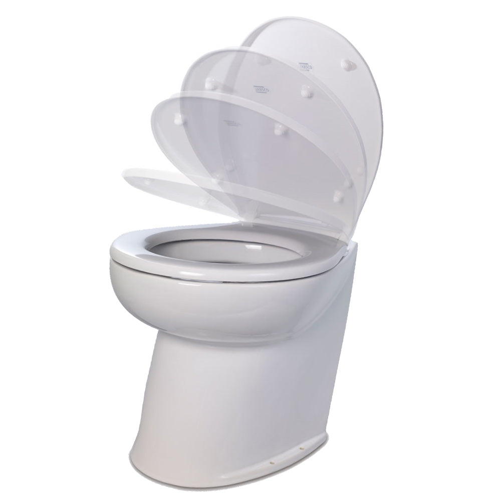 Jabsco Deluxe Flush 17″ Angled Back 12V Raw Water Electric Marine Toilet w/Remote Rinse Pump  Soft Close Lid [58220-3012]